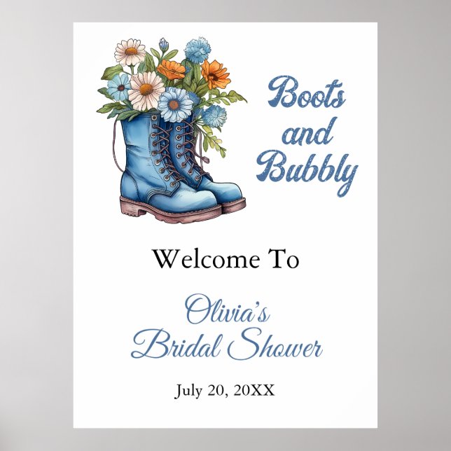 Blå stövlar & Bubbly Cowgirl Bröllopsfest välkomst Poster (Framsidan)