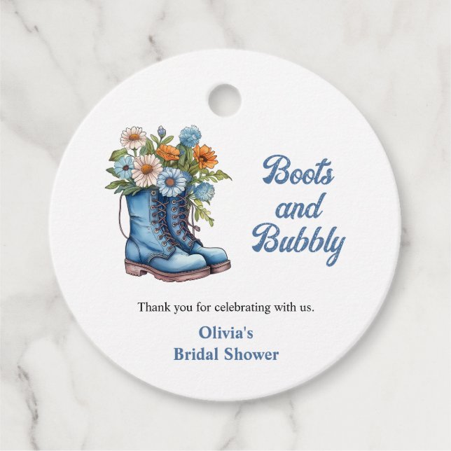 Blå stövlar och bubblig blå västerländsk bröllopsd gåvor etiketter (Framsida)