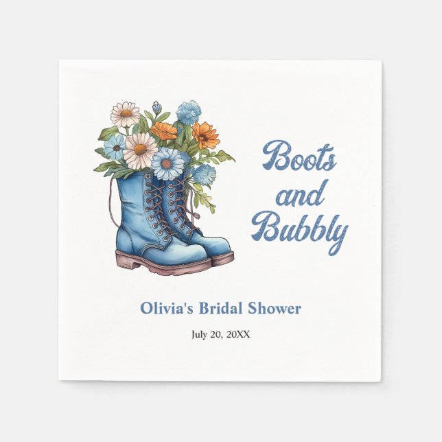 Blå stövlar och bubblig blå västerländsk bröllopsf pappersservett (Framsidan)