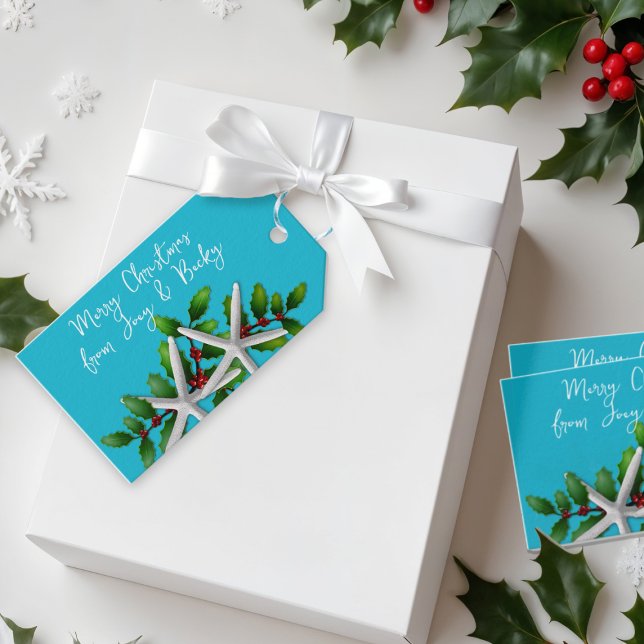 Blå strand jul sjöstjärna bind på presentkort presentetikett (Skapare uppladdad)