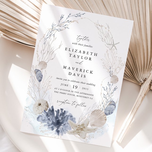 Blå Strand Kustsnäckor Bröllop Inbjudningar (Beach Wedding Invitation Blue Coastal Seashell Invitation Ocean Destination Wedding Card)