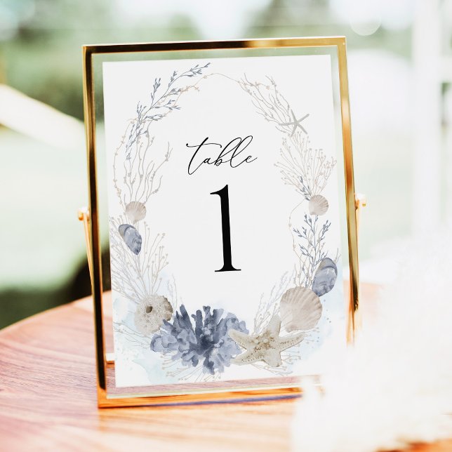 Blå Strand Kustsnäckor Bröllops Bordnummer (Coastal Blue Seashell Wedding Table Number Card Beach Destination Reception Decor Gold Frame Decor)