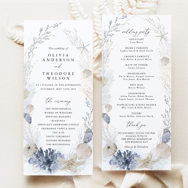 Blå Strand Kustsnäckor Bröllopsceremoni Program (Blue beach coastal wedding program ceremony timeline wedding party cards blue seashell stationery)