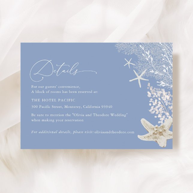 Blå Strand Kustsnäckor Bröllopshotell Detaljer Tilläggskort (Coastal Blue Seashell Wedding Details Card Hotel Information Beach Wedding Stationery)