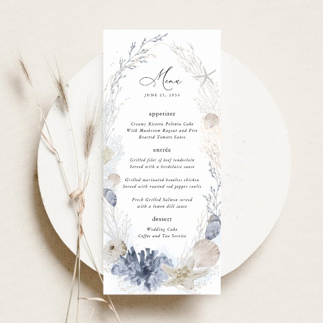 Blå Strand Kustsnäckor Bröllopsmottagning Meny (Blue coastal wedding menu beach menu card seashell elegant destination wedding stationery)