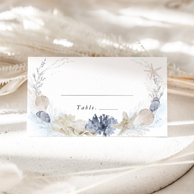 Blå Strand Kustsnäckor Bröllopsnamn Placeringskort (Coastal Blue Seashell Wedding Place Card Beach Wedding Decor Destination Wedding Escort Name Card)