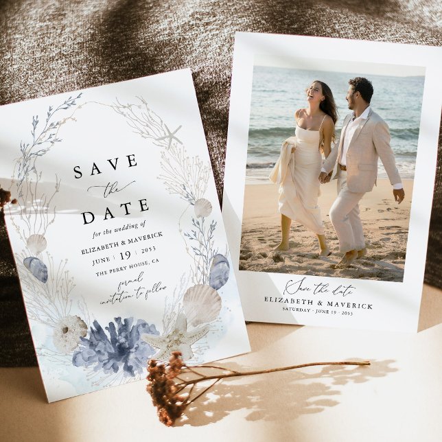 Blå Strand Kustsnäckor Foto Bröllop Spara Datumet (Coastal Blue Photo Save the Date Card Seashell Beach Destination  Wedding Stationery)