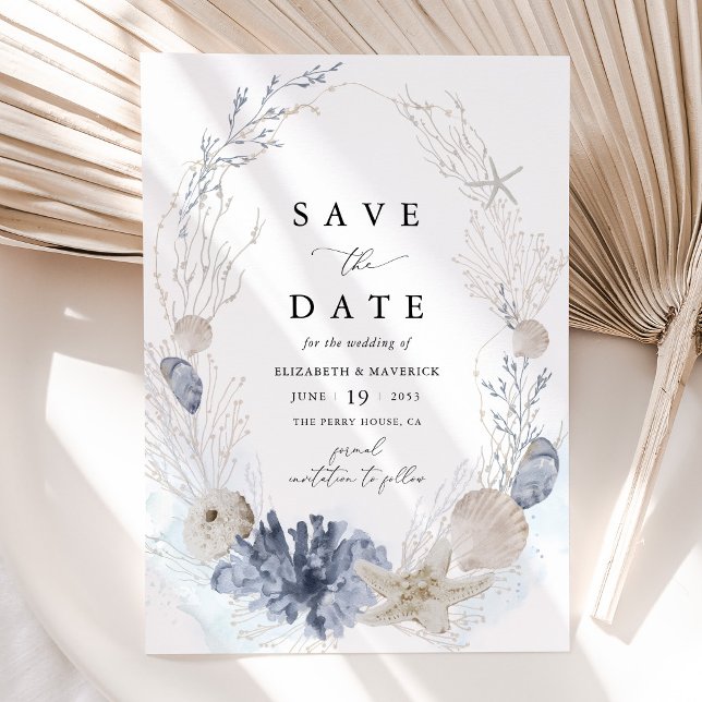 Blå Strand Kustsnigelskontrakt Spara Datumet (Coastal Blue Seashell Save the Date Card Beach Destination Wedding Stationery)