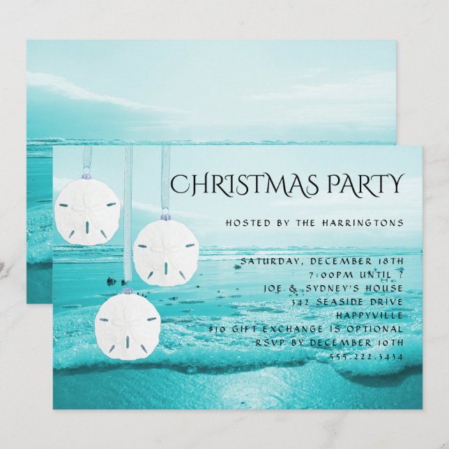 Blå strand sanddollar julfest inbjudan (Fram/baksida)