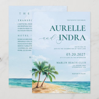 Blå strand sommar akvarell QR bröllopsfest Inbjudningar