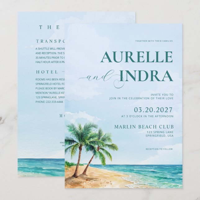 Blå strand sommar akvarell QR bröllopsfest Inbjudningar (Fram/baksida)