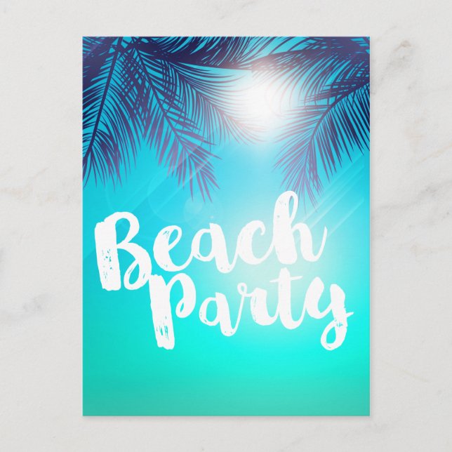 Blå STRANDFEST Soliga Palmträd Sommarfest Meddelande Vykort (Framsida)