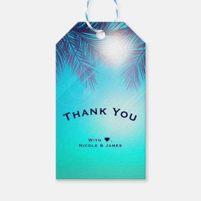 Blå STRANDFEST Soliga Palmträd Sommarfödelsedag Presentetikett (Framsidan)