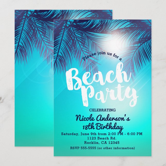Blå STRANDPARTY Soliga Palmträd Sommarfödelsedag Inbjudningar (Fram/baksida)