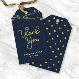 Blå strängar i Ljus Faux Guld Tack Presentetikett