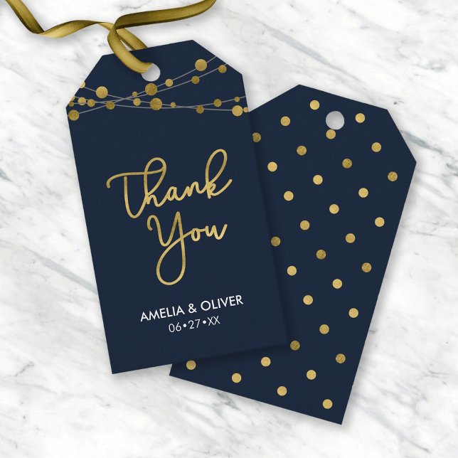 Blå strängar i Ljus Faux Guld Tack Presentetikett (Skapare uppladdad)