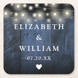 Blå strängljus rustik trä boho lada bröllop underlägg papper kvadrat