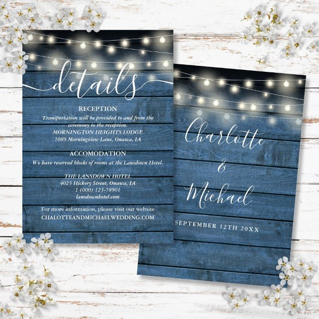 Blå strängljus rustika trädetaljer för bröllop tilläggskort (Blue String Lights Rustic Wood Wedding Details Enclosure Card)
