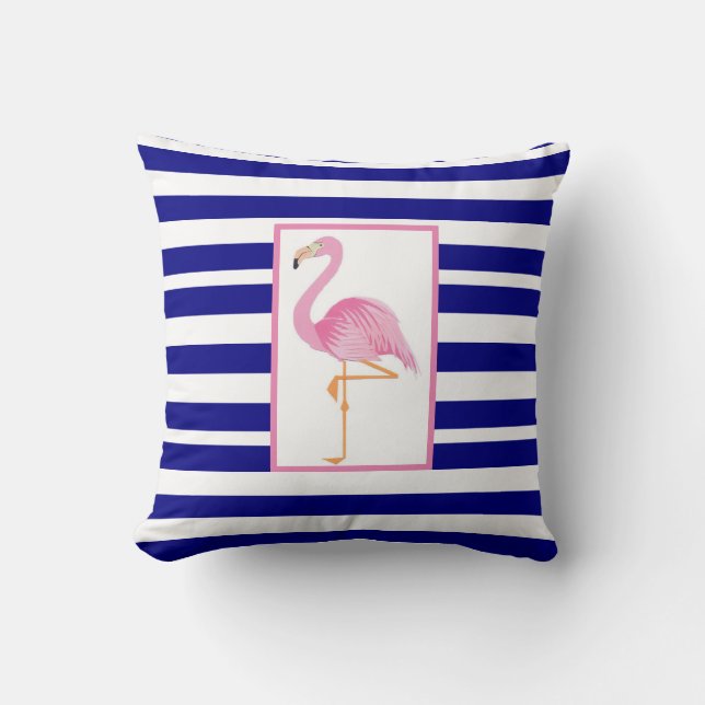 Blå strimlad rosa flamingo dekorativ kudde (Framsida)