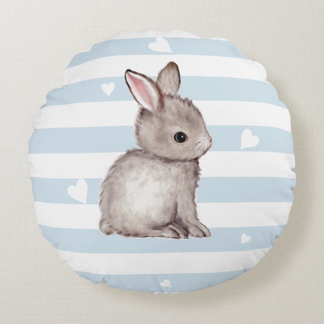 Blå stripe Grått Bunny Round Pillow Rund Kudde (Framsidan)