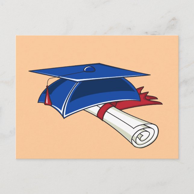 Blå studenten-hatt med rulla och rött band meddelande vykort (Framsida)