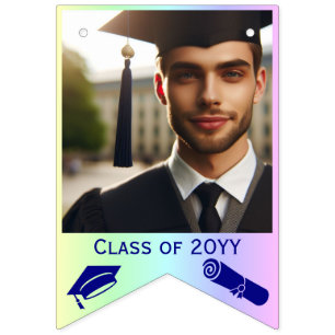 Blå Studentmössa, diplomat och 16-foto på regnbåge Vimplar