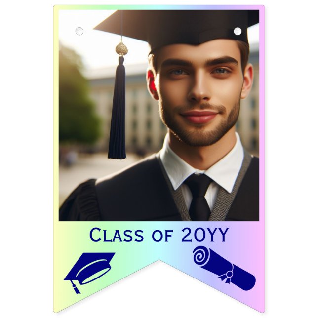 Blå Studentmössa, diplomat och 16-foto på regnbåge Vimplar (Tolfte flaggan)