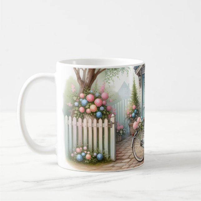 Blå stugcykel med vårblomsbukett kaffemugg (Vänster)