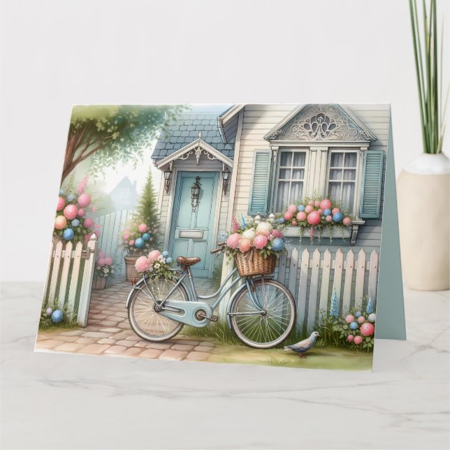 Blå stugcykel med vårblomsbukett kort (Framsida)