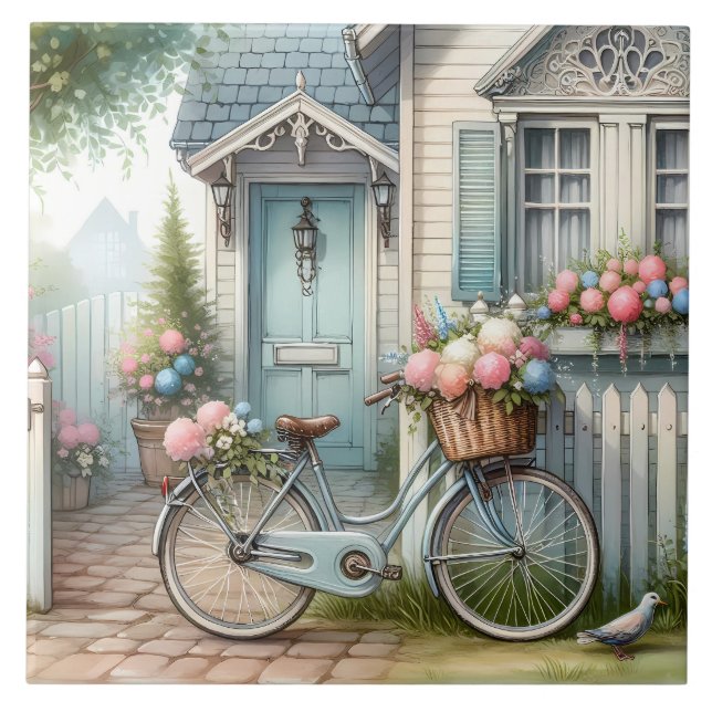 Blå stugcykel med vårblomsterkorg kakelplatta (Framsidan)