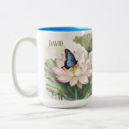 Blå Svalstjärt Fjäril Med Lotus Blomma Namn Två-Tonad Mugg