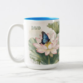 Blå Svalstjärt Fjäril Med Lotus Blomma Namn Två-Tonad Mugg