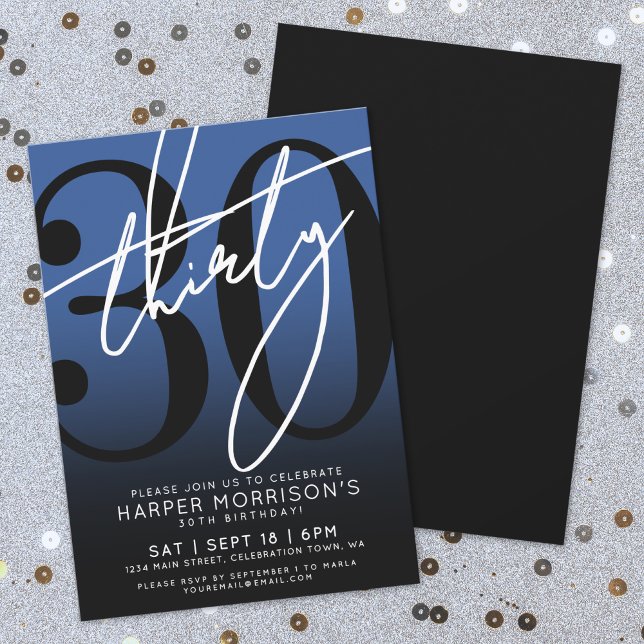 Blå Svart 30-års Födelsedagsfest Inbjudan (Blue Black 30th Birthday Party Invitation)