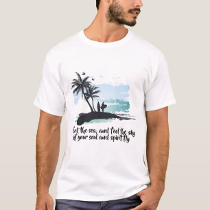 Blå Svart Akvarell palmträd, fågel hav Sommar T Shirt
