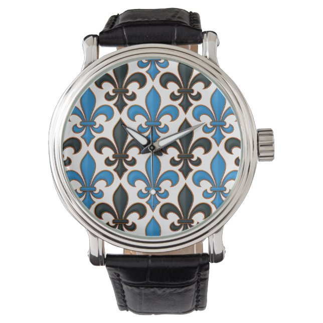 Blå Svart Barock Fleur-de-lis Mönsterdesign  Armbandsur (Framsida)