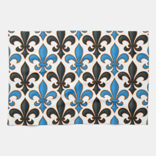 Blå Svart Barock Fleur-de-lis Mönsterdesign Kökshandduk