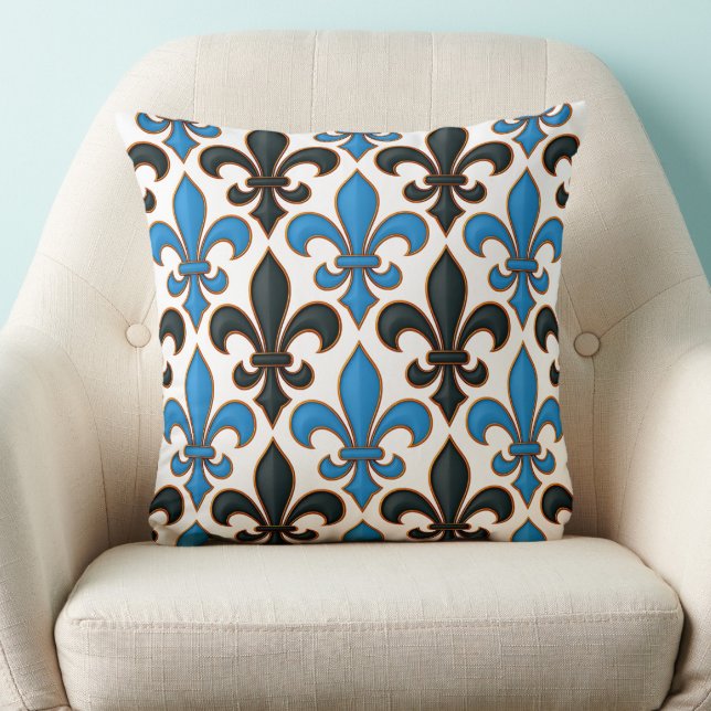 Blå Svart Barock Fleur-de-lis Mönsterdesign  Kudde (Skapare uppladdad)