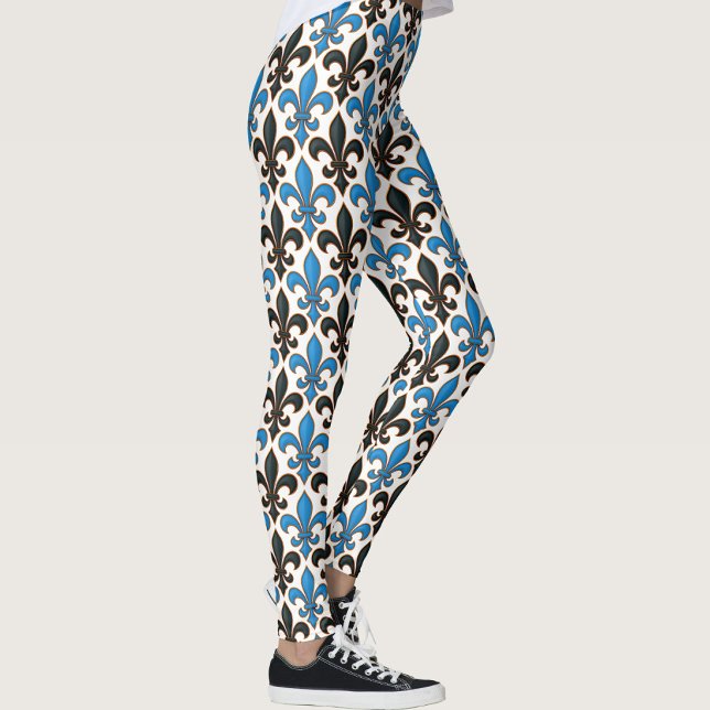 Blå Svart Barock Fleur-de-lis Mönsterdesign  Leggings (Skapare uppladdad)