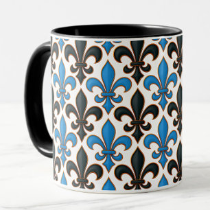 Blå Svart Barock Fleur-de-lis Mönsterdesign Mugg