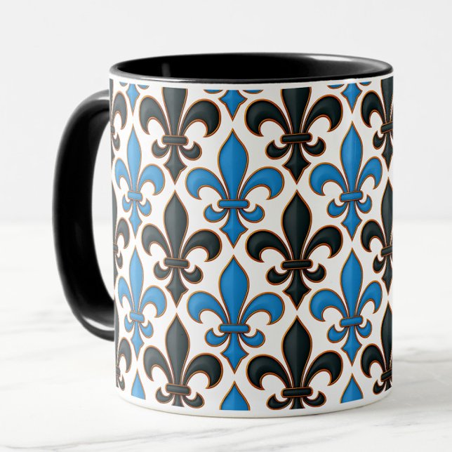 Blå Svart Barock Fleur-de-lis Mönsterdesign  Mugg (Skapare uppladdad)