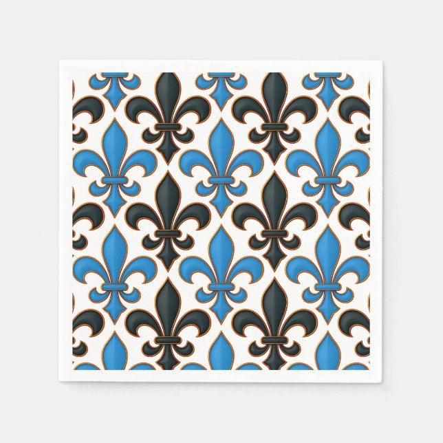 Blå Svart Barock Fleur-de-lis Mönsterdesign  Pappersservett (Framsidan)