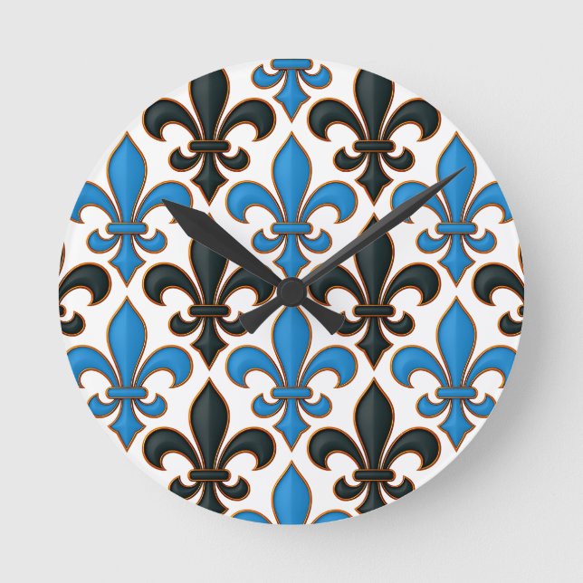 Blå Svart Barock Fleur-de-lis Mönsterdesign  Rund Klocka (Framsida)