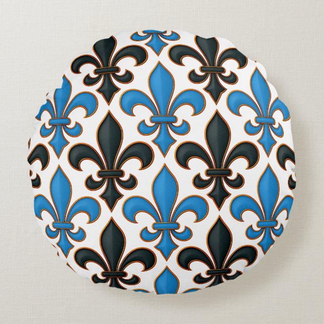 Blå Svart Barock Fleur-de-lis Mönsterdesign  Rund Kudde (Framsidan)