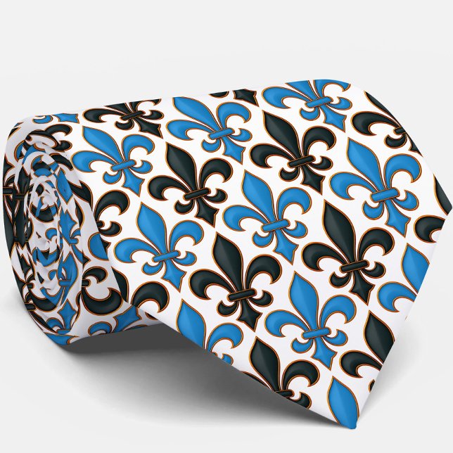 Blå Svart Barock Fleur-de-lis Mönsterdesign  Slips (Skapare uppladdad)
