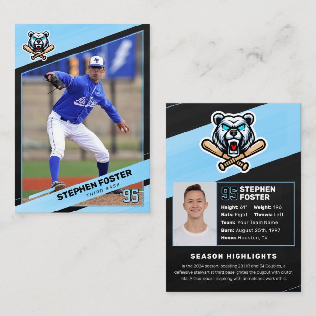 Blå & Svart Basebollkort, Baseboll Trading Card (Fram/baksida)