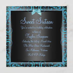 Blå/Svart Bow & Ram Sweet16 Birthday Inbjudan
