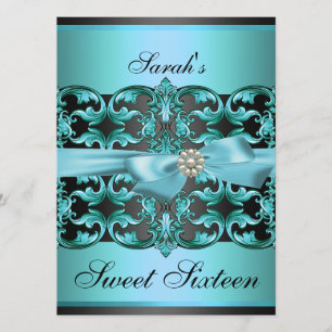 Blå/Svart Damask & Bow Sweet16 Födelsedagsinbjudan Inbjudningar