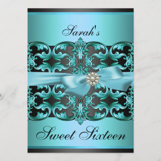 Blå/Svart Damask & Bow Sweet16 Födelsedagsinbjudan Inbjudningar