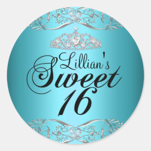 Blå Svart Damask & Tiara Sweet 16 Klistermärke