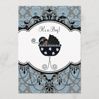 Blå Svart Damast Bebis Pojke Födelsedagsinbjudning Inbjudningar